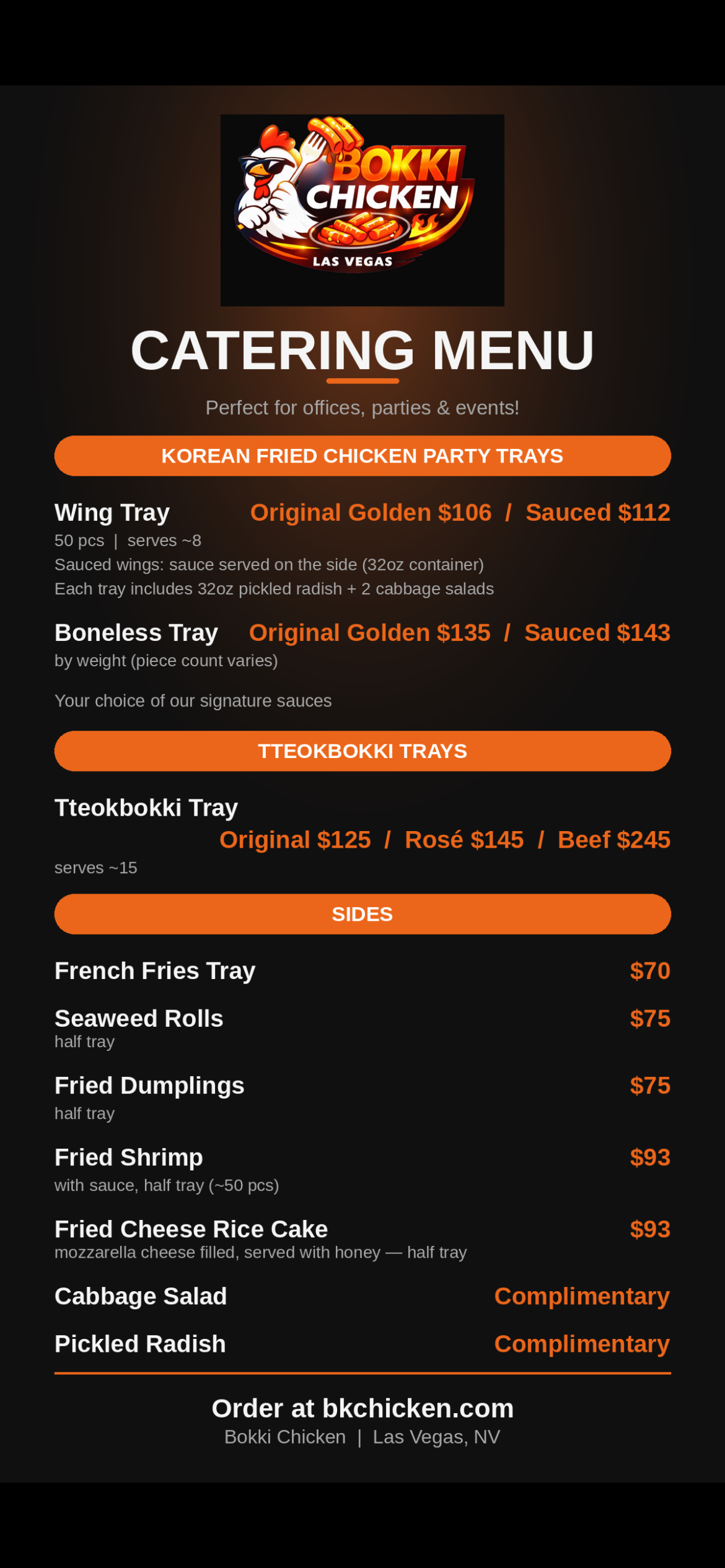 Bokki Chicken Catering Menu